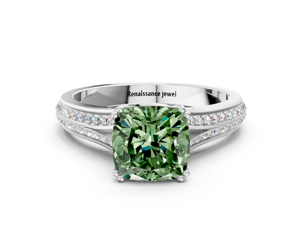 White gold Fancy Green Cushion Cut Diamond Split Shank Engagement Ring with Pavé Band