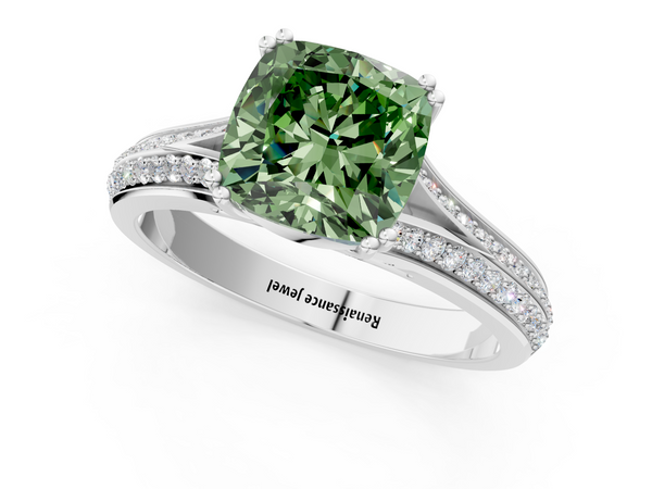 White gold Fancy Green Cushion Cut Diamond Split Shank Engagement Ring with Pavé Band