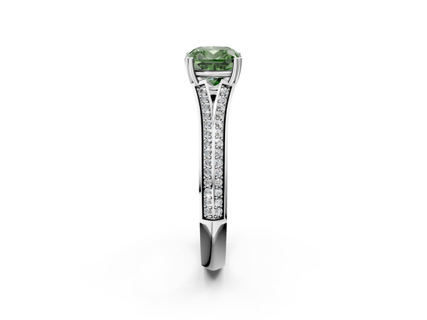 White gold Fancy Green Cushion Cut Diamond Split Shank Engagement Ring with Pavé Band