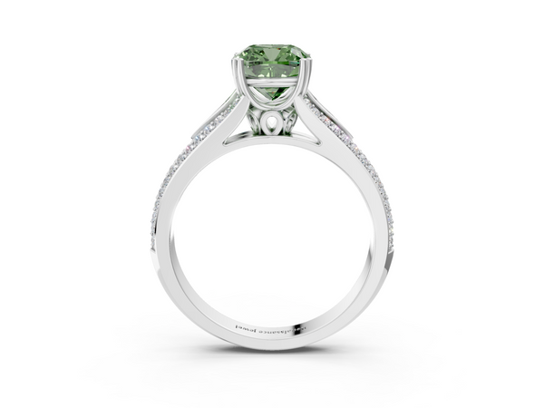 White gold Fancy Green Cushion Cut Diamond Split Shank Engagement Ring with Pavé Band