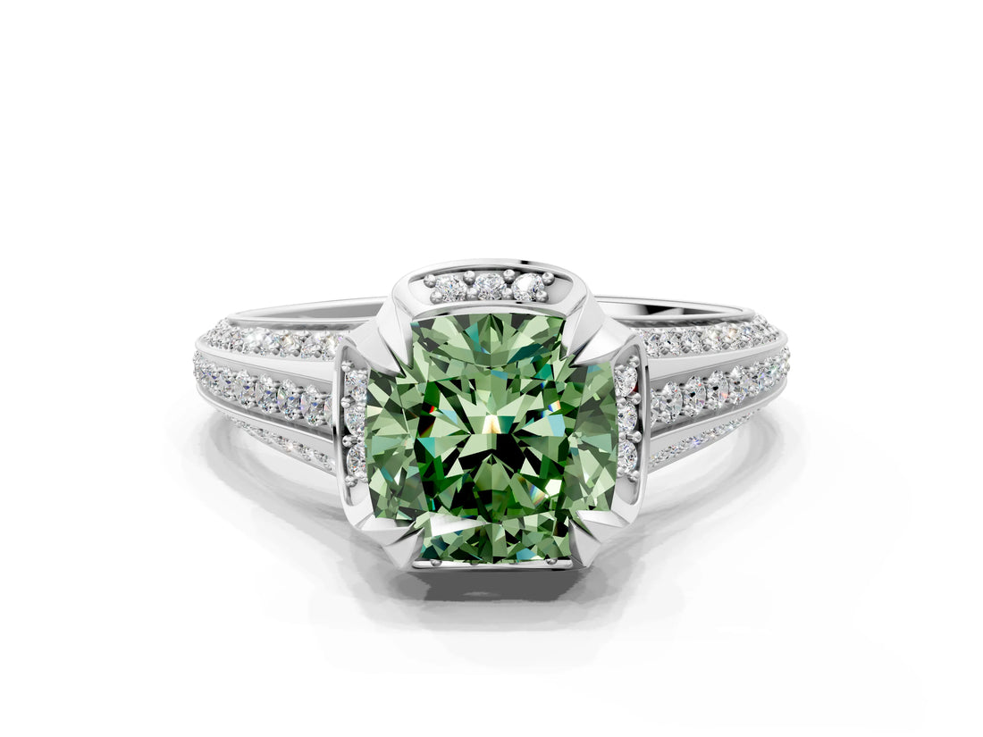 White gold Fancy Green Cushion  Solitaire Pave Split Shank Ring with Four-Prong Setting_105