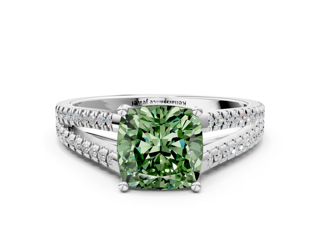 White gold Fancy Green Cushion  Solitaire Split Shank Pavé Diamond Engagement Ring_388