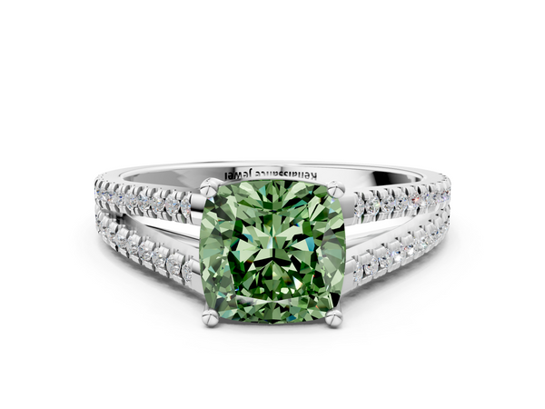 Platinum Fancy Green Cushion Cut Diamond Solitaire Engagement Ring with Split Shank Pavé Band