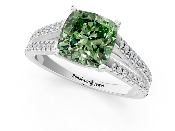 Platinum Fancy Green Cushion Cut Diamond Solitaire Engagement Ring with Split Shank Pavé Band