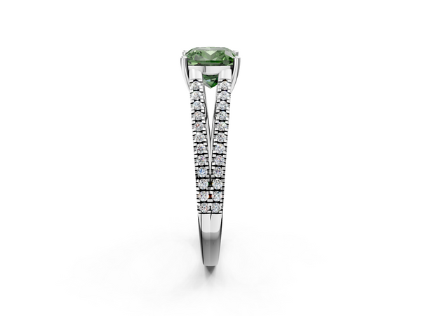 Platinum Fancy Green Cushion Cut Diamond Solitaire Engagement Ring with Split Shank Pavé Band