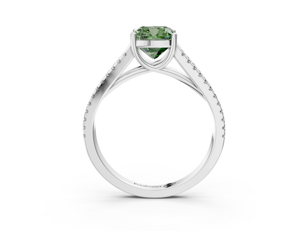 Platinum Fancy Green Cushion Cut Diamond Solitaire Engagement Ring with Split Shank Pavé Band