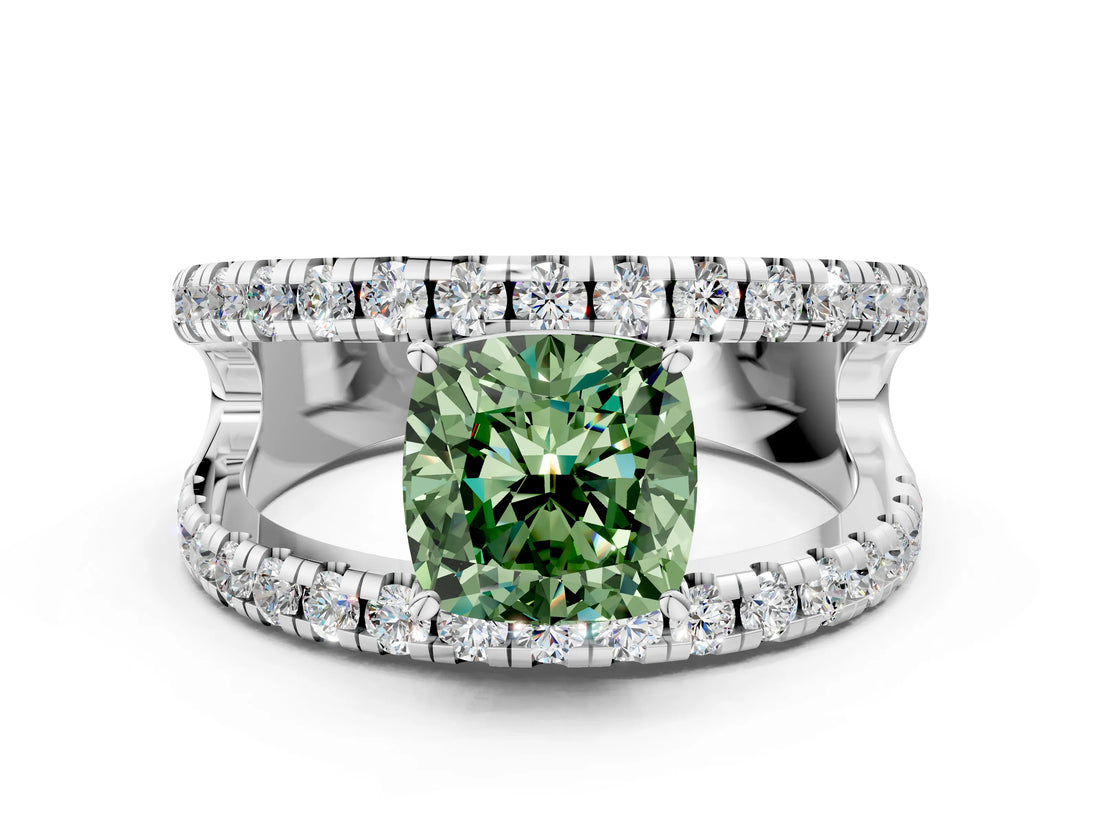 White gold Fancy Green Cushion  Solitaire Split Shank Pave Diamond Ring_49