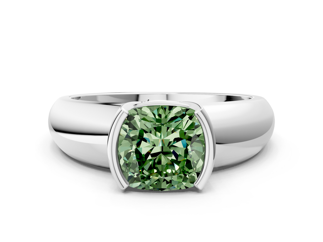 White gold Fancy Green Cushion  Solitaire Tension Set Diamond Ring with Wide Band_20
