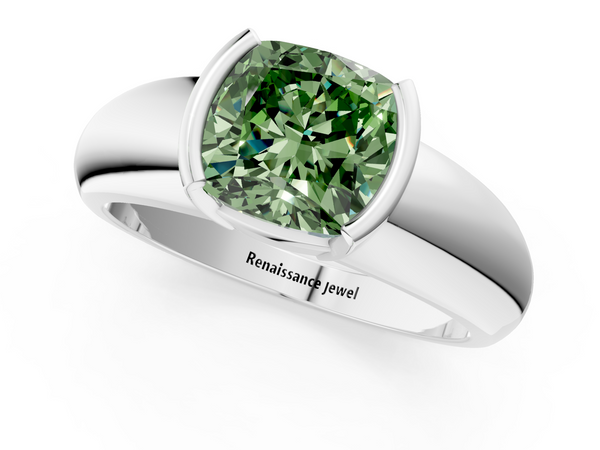 Platinum Fancy Green Cushion  Solitaire Tension Set Diamond Ring with Wide Band