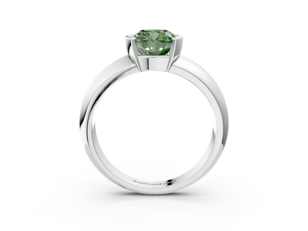 Platinum Fancy Green Cushion  Solitaire Tension Set Diamond Ring with Wide Band