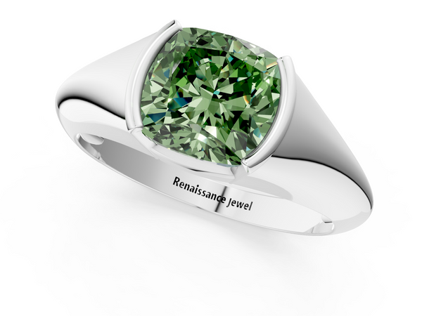 White gold Fancy Green Cushion  Solitaire Tension Set Diamond Ring