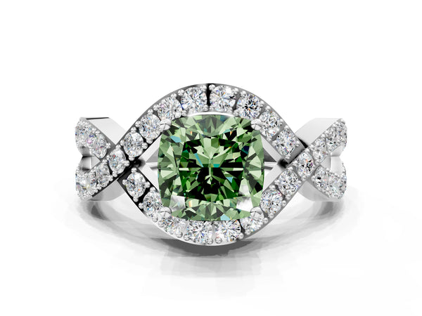 Platinum Fancy Green Cushion  Solitaire Twist Band Pavé Diamond Engagement Ring
