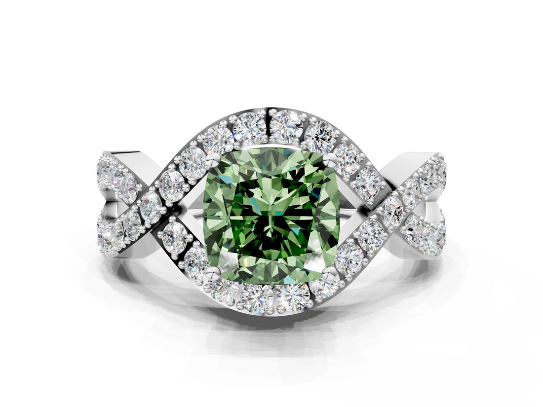 White gold Fancy Green Cushion  Solitaire Twist Band Pavé Diamond Engagement Ring_32