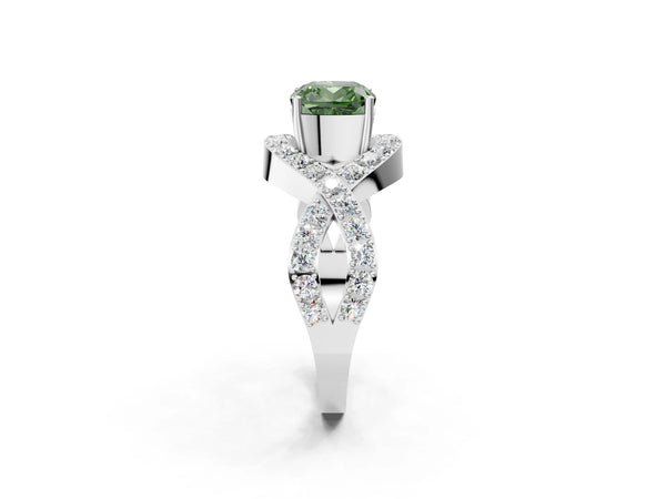 Platinum Fancy Green Cushion  Solitaire Twist Band Pavé Diamond Engagement Ring