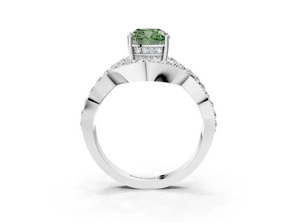 Platinum Fancy Green Cushion  Solitaire Twist Band Pavé Diamond Engagement Ring