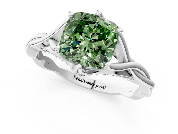 White gold Fancy Green Cushion  Solitaire Twist Band Six-Prong Setting