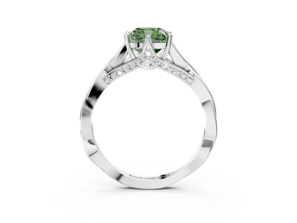 White gold Fancy Green Cushion  Solitaire Twist Band Six-Prong Setting