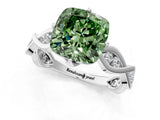 White gold Fancy Green Cushion  Solitaire Twist Band with Leaf Prong Setting 2