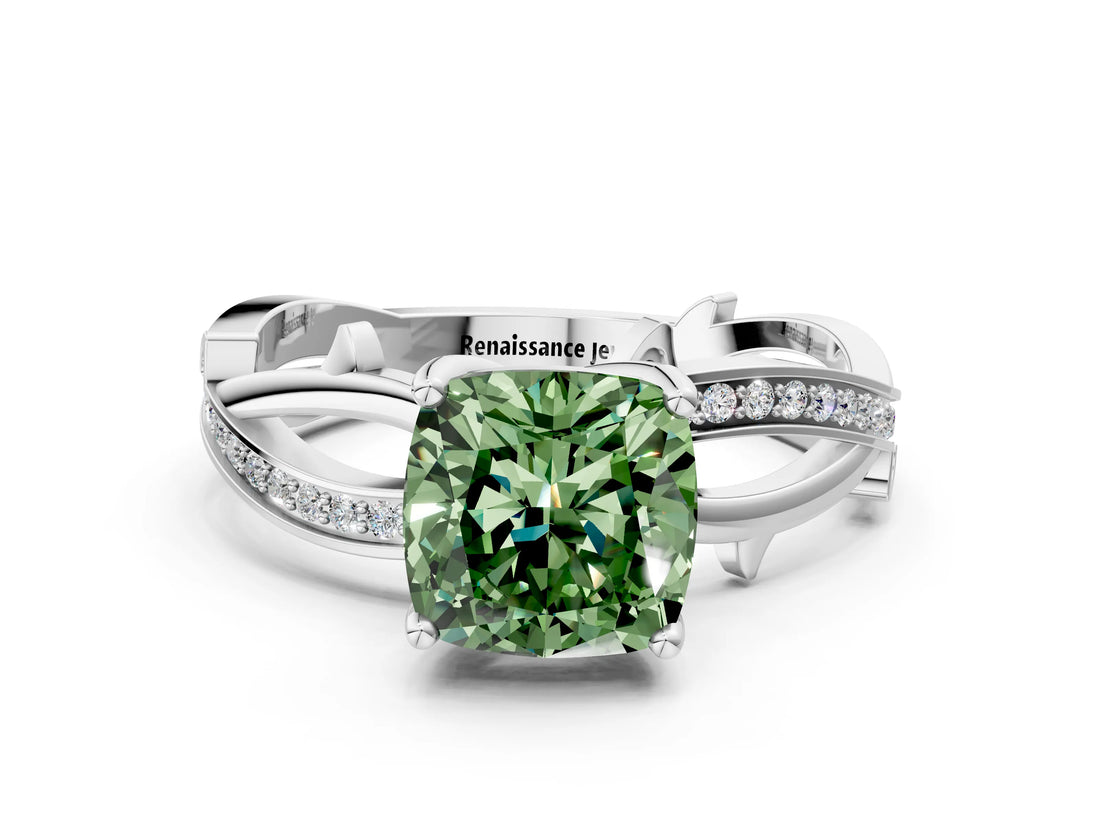 White gold Fancy Green Cushion  Solitaire Twist Band with Pavé Accents and Four-Prong Setting_20