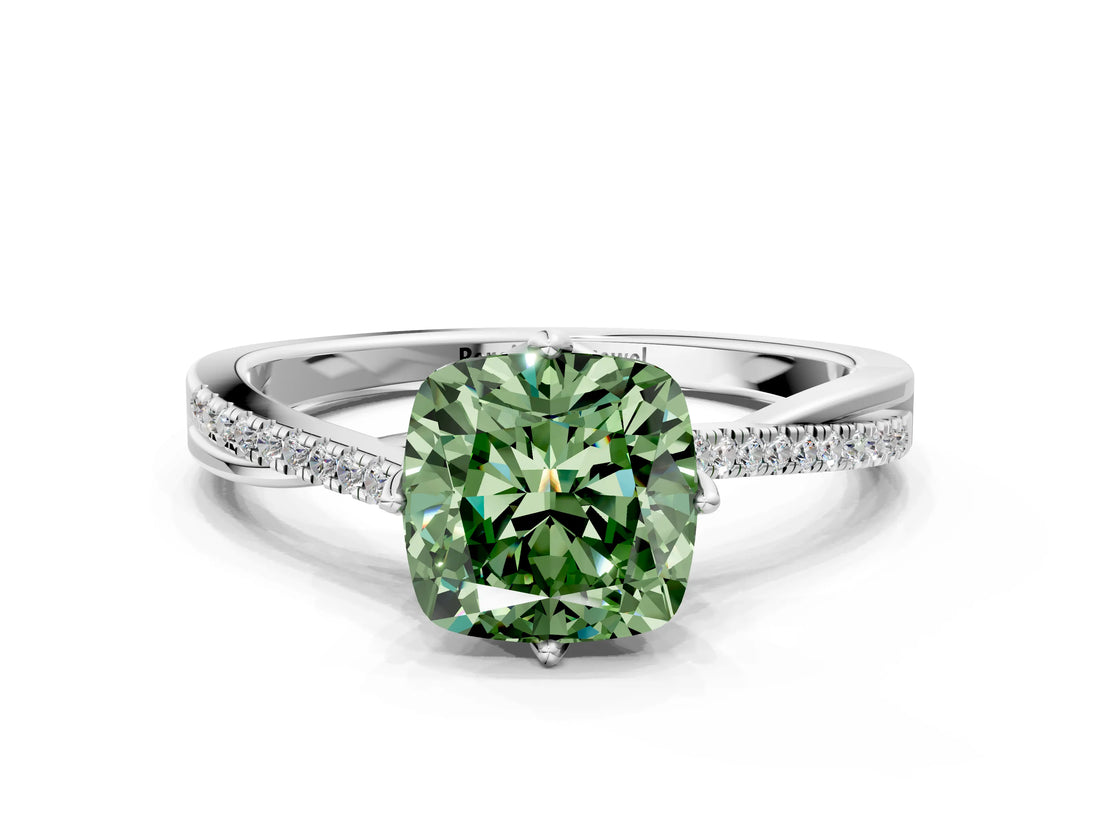 White gold Fancy Green Cushion  Solitaire Twist Band with Pavé Diamonds and Four-Prong Setting_79