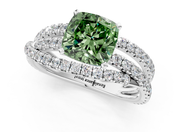 White gold Fancy Green Cushion  Solitaire Twist Band with Pavé Setting and Four-Prong Setting