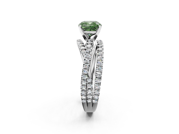 White gold Fancy Green Cushion  Solitaire Twist Band with Pavé Setting and Four-Prong Setting