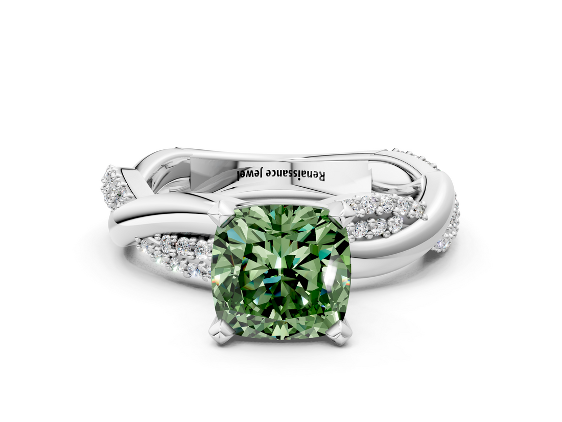White gold Fancy Green Cushion  Solitaire Twist Band with Pave Prong Setting_45