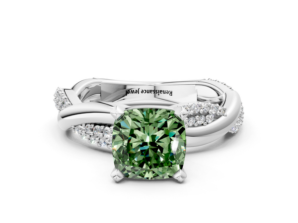 White gold Fancy Green Cushion  Solitaire Twist Band with Pave Prong Setting