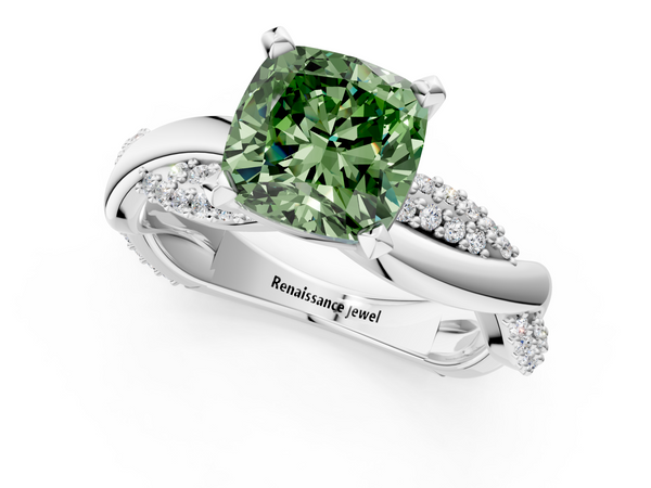 White gold Fancy Green Cushion  Solitaire Twist Band with Pave Prong Setting