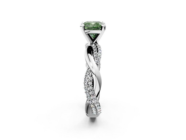White gold Fancy Green Cushion  Solitaire Twist Band with Pave Prong Setting