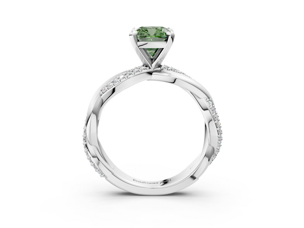 White gold Fancy Green Cushion  Solitaire Twist Band with Pave Prong Setting