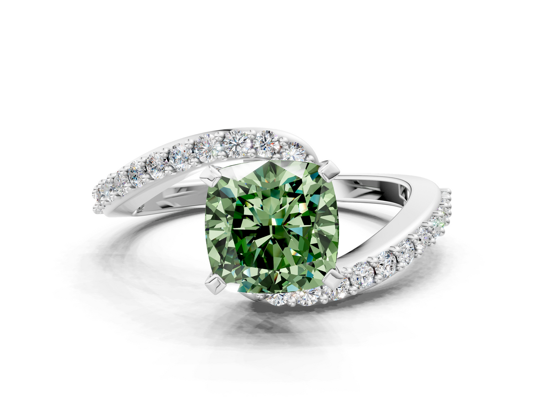 White gold Fancy Green Cushion  Solitaire Twist Band with Pave Set Diamonds and Four-Prong Setting_131
