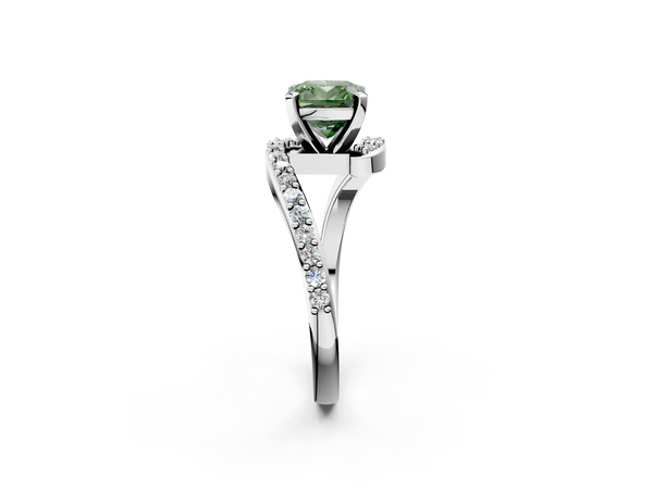 White gold Fancy Green Cushion  Solitaire Twist Band with Pave Set Diamonds and Four-Prong Setting