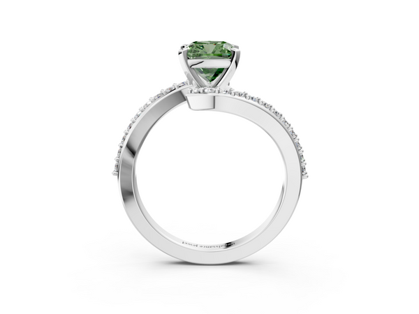 White gold Fancy Green Cushion  Solitaire Twist Band with Pave Set Diamonds and Four-Prong Setting