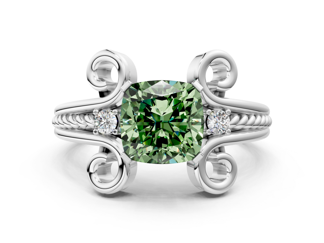 White gold Fancy Green Cushion  Solitaire Twisted Band Scroll Prong Ring_3