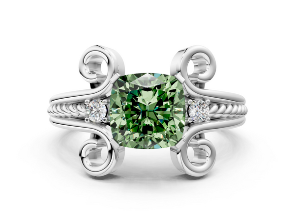 Platinum Fancy Green Cushion  Solitaire Twisted Band Scroll Prong Ring