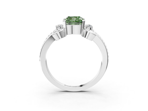 Platinum Fancy Green Cushion  Solitaire Twisted Band Scroll Prong Ring