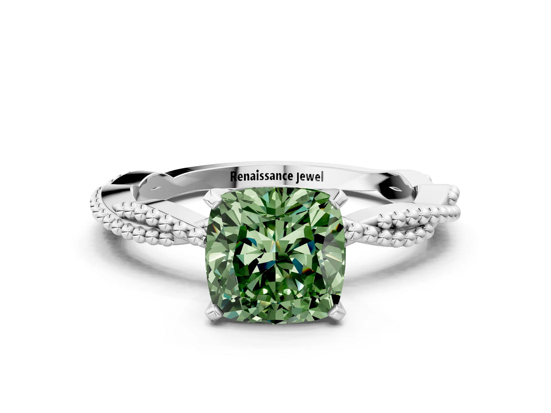 White gold Fancy Green Cushion  Solitaire Twisted Band with Bead Prong Setting_275