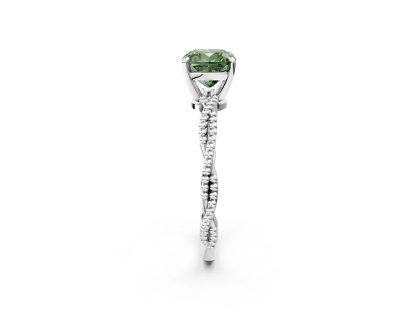 Platinum Fancy Green Cushion  Solitaire Twisted Band with Bead Prong Setting