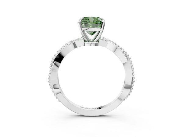 Platinum Fancy Green Cushion  Solitaire Twisted Band with Bead Prong Setting