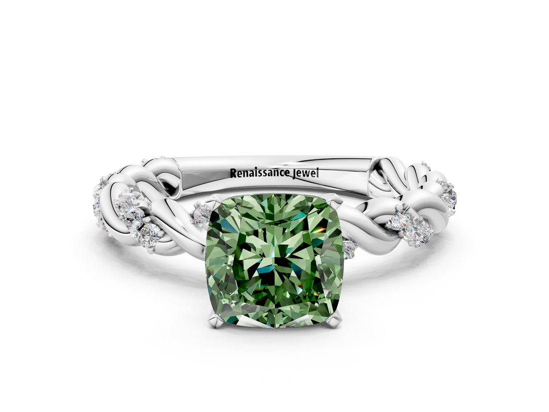 White gold Fancy Green Cushion  Solitaire Twisted Band with Pavé Accents and Four-Prong Setting_3