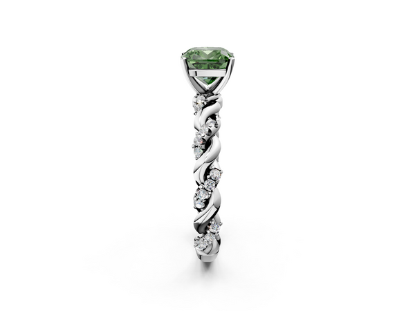 Platinum Fancy Green Cushion Cut Diamond Solitaire Ring with Twisted Band and Pavé Accents