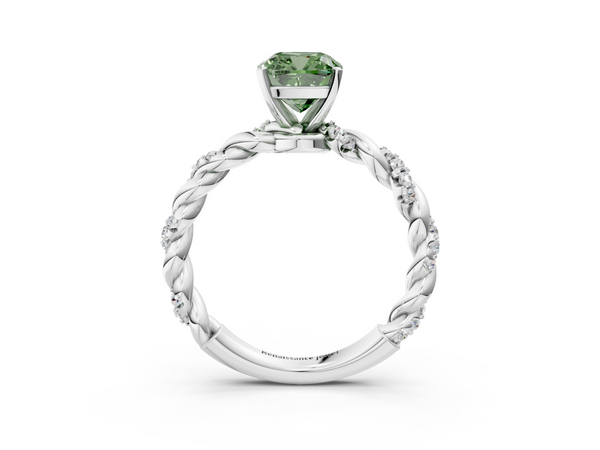 Platinum Fancy Green Cushion Cut Diamond Solitaire Ring with Twisted Band and Pavé Accents