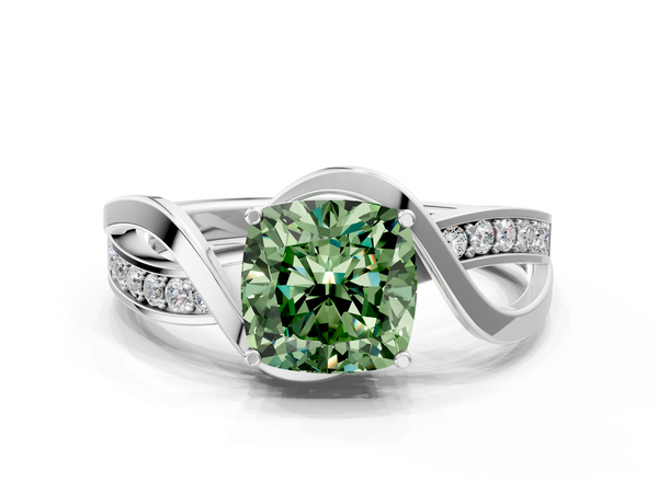 White gold Fancy Green Cushion  Solitaire Twisted Band with Prong Setting