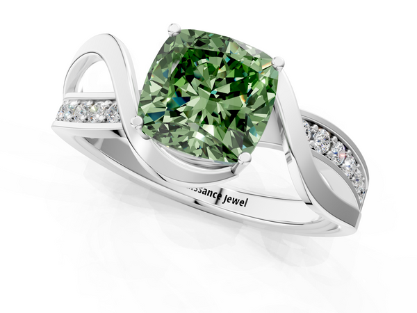 White gold Fancy Green Cushion  Solitaire Twisted Band with Prong Setting