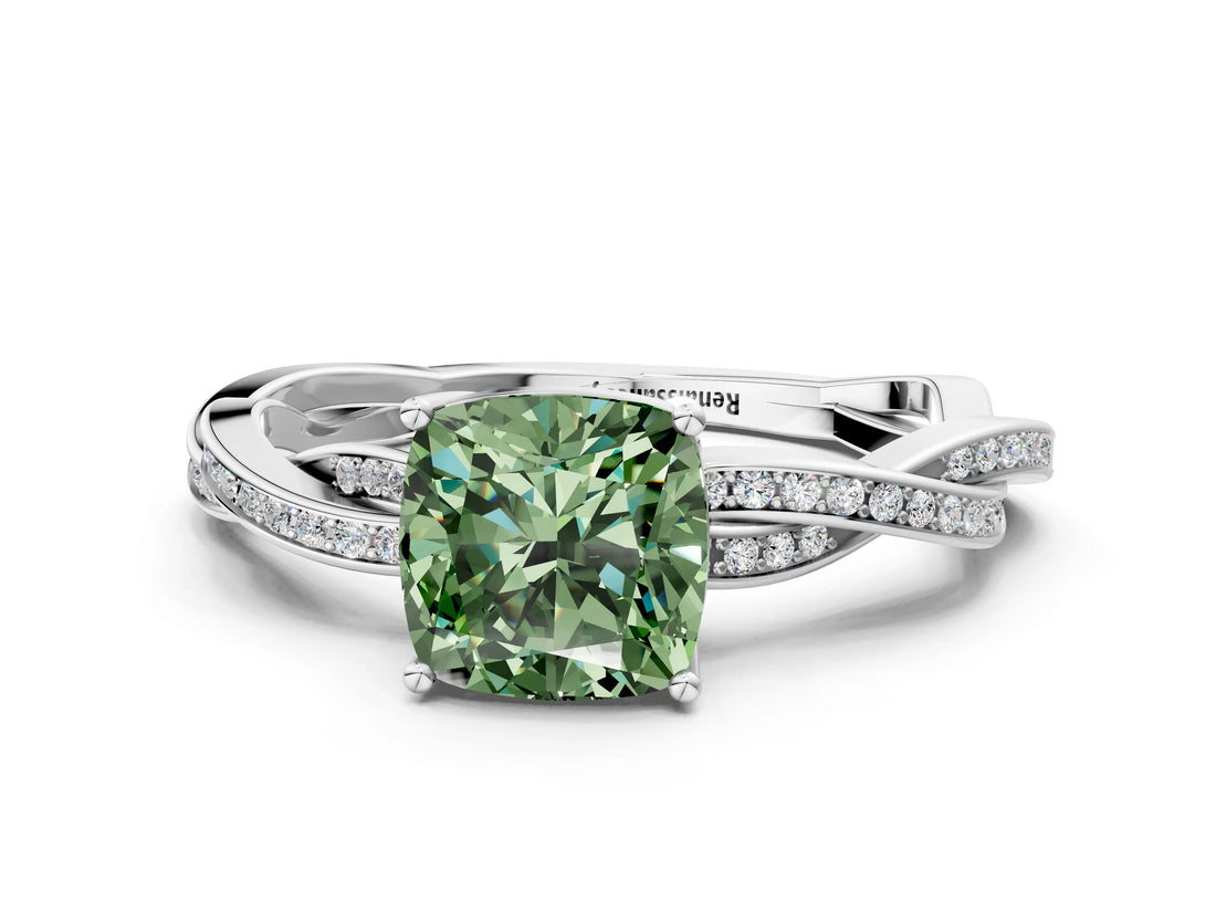 White gold Fancy Green Cushion  Solitaire Twisted Pave Diamond Ring with Four-Prong Setting_125