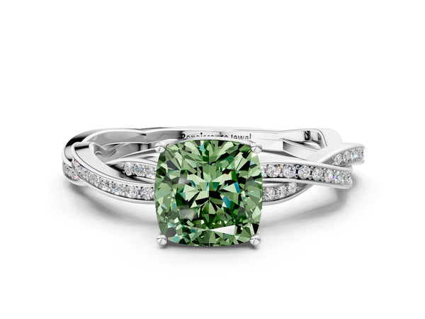 White gold Fancy Green Cushion  Solitaire Twisted Pave Diamond Ring with Four-Prong Setting