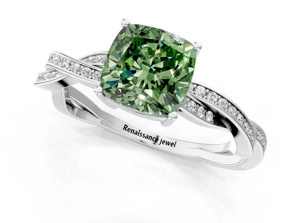 White gold Fancy Green Cushion  Solitaire Twisted Pave Diamond Ring with Four-Prong Setting