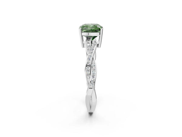White gold Fancy Green Cushion  Solitaire Twisted Pave Diamond Ring with Four-Prong Setting