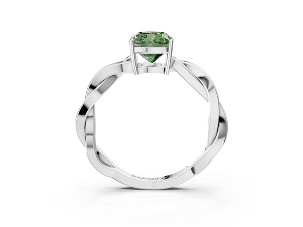 White gold Fancy Green Cushion  Solitaire Twisted Pave Diamond Ring with Four-Prong Setting